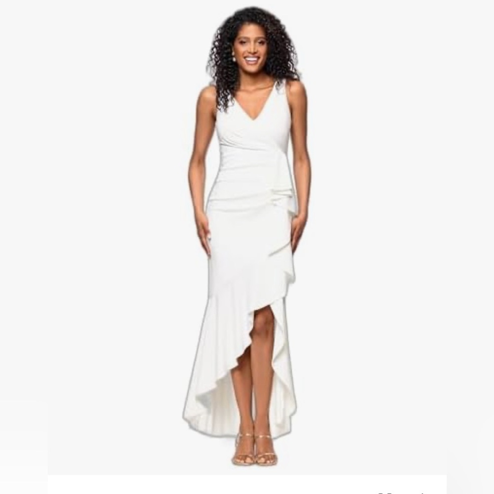 Betsy & Adam Ivory V-Neck High-Low Ruffle Dress